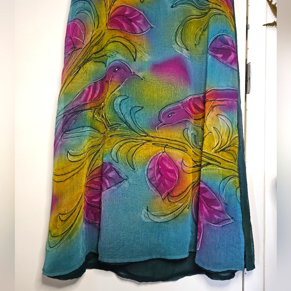 Vintage Maxi Semi-sheer Bird Print Beach Coverup Sleeveless Multicolor Dress - Picture 4 of 13